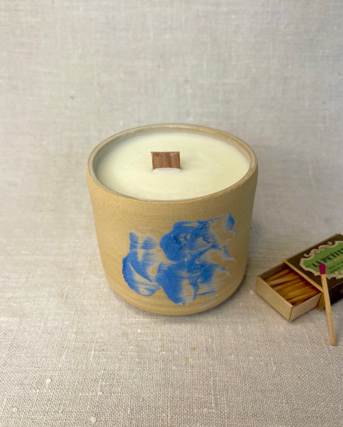 Bougie Céramique grès décor bleu, Collab Atelier Jeannette