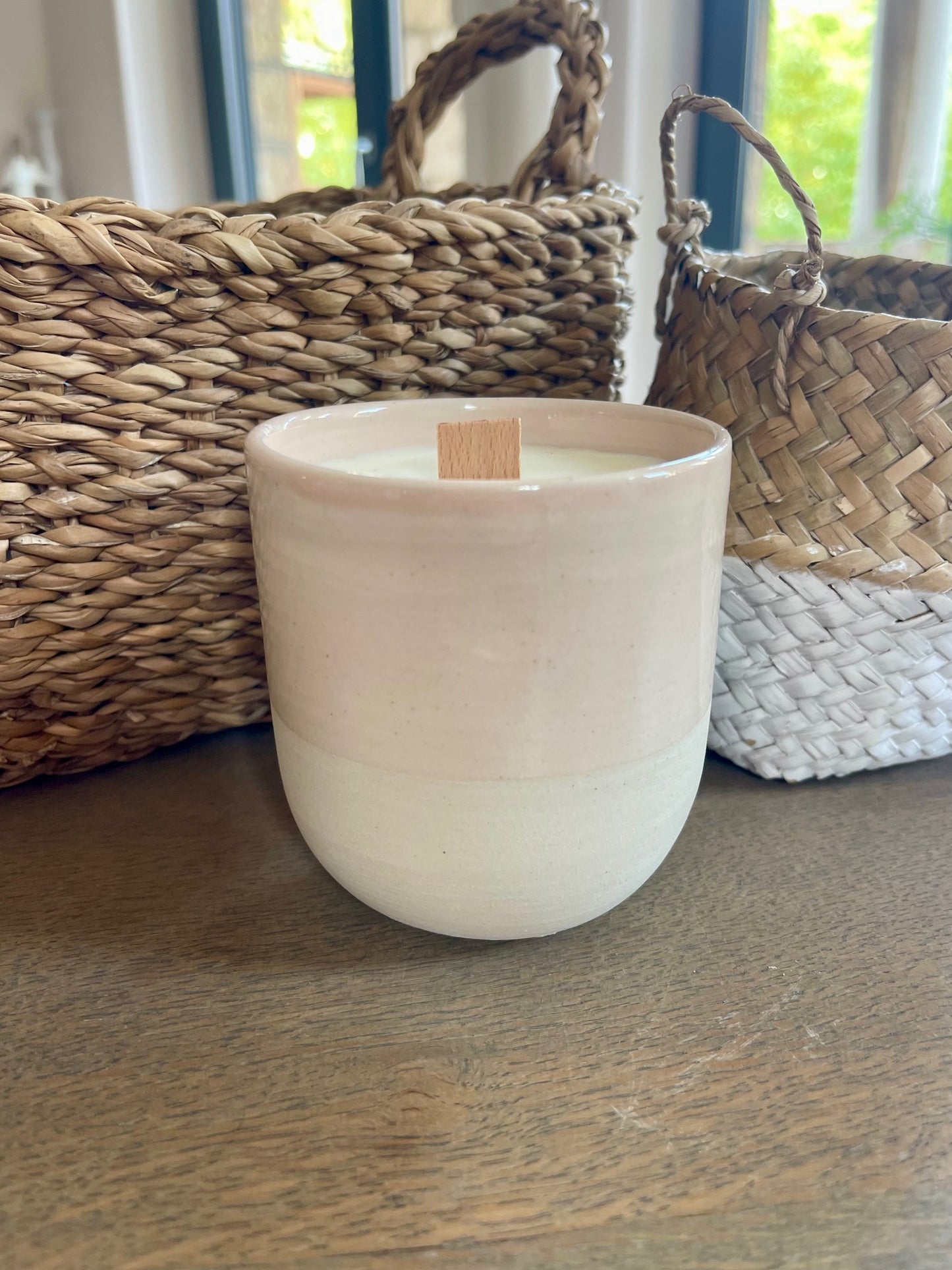Bougie Grand Mug grès bicolore rose, Collab Caroline Duriez