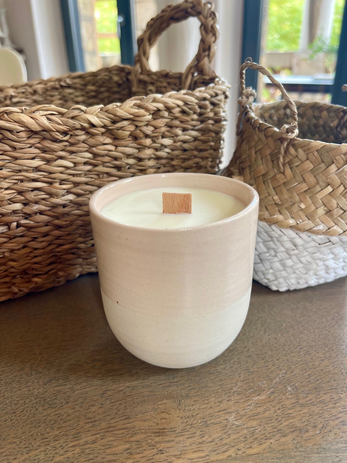 Bougie Grand Mug grès bicolore rose, Collab Caroline Duriez