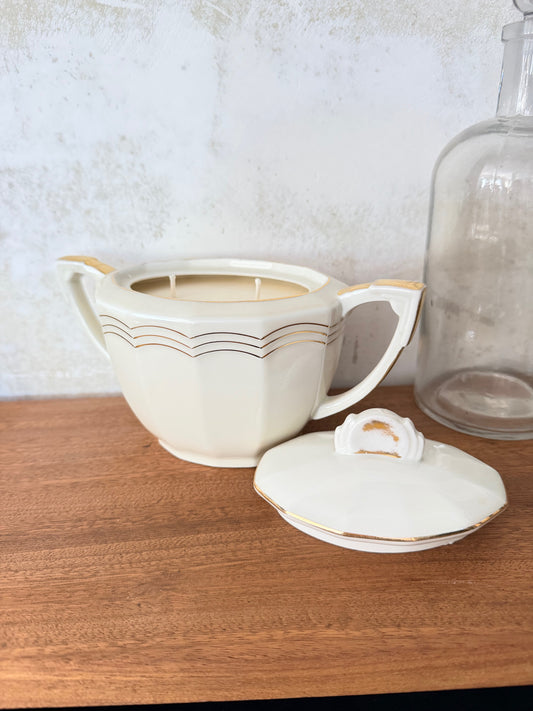 Bougie Sucrier porcelaine Décor beige et doré Vintage