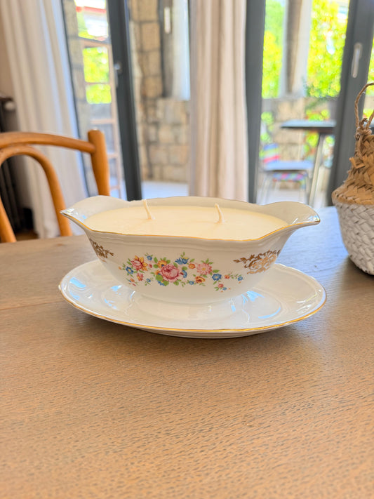 Bougie Grande Saucière porcelaine Décor floral Vintage