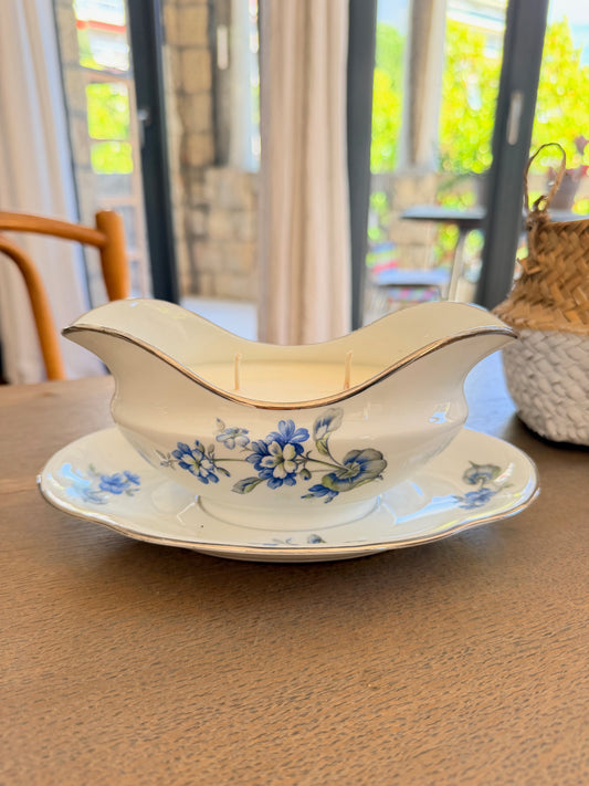 Bougie Grande Saucière porcelaine Décor floral bleu et argenté Vintage