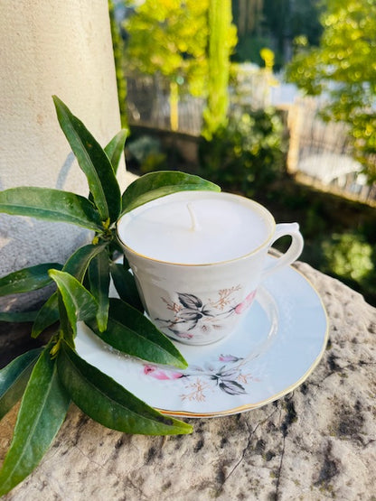 Bougie Tasse porcelaine fleur rose et grise