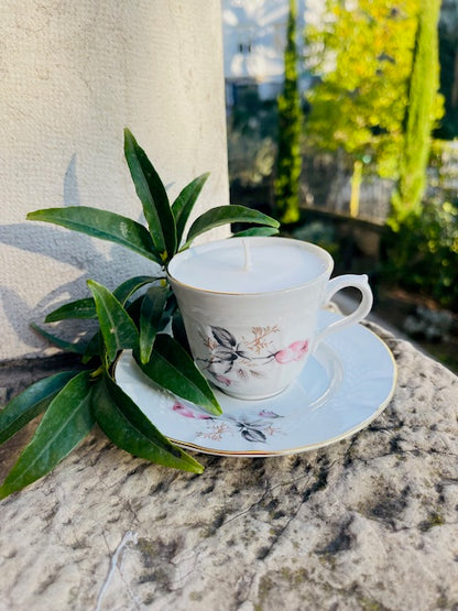 Bougie Tasse porcelaine fleur rose et grise